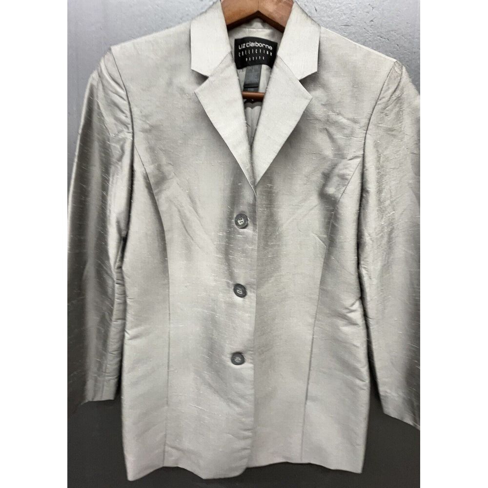 Liz Claiborne Blazer Petite 8 Gray Silver 100% Silk Shiny Lined Pockets Jacket
